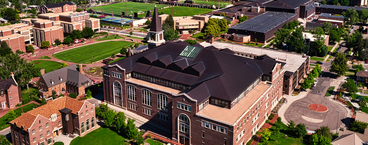 aerial view of law school building and campus