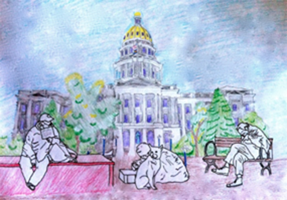 Illustration of Denver Capitol Building with homeless individuals in foreground