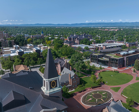 aerial photo of law building and campus