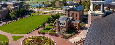 aerial view of law building with compass rose
