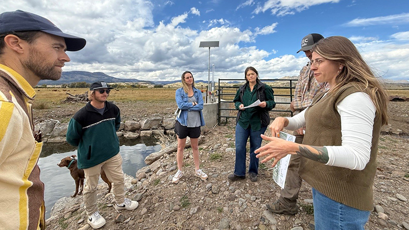 students and professor talking outdoors