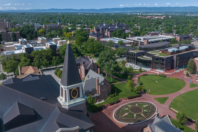 aerial photo of law building and campus