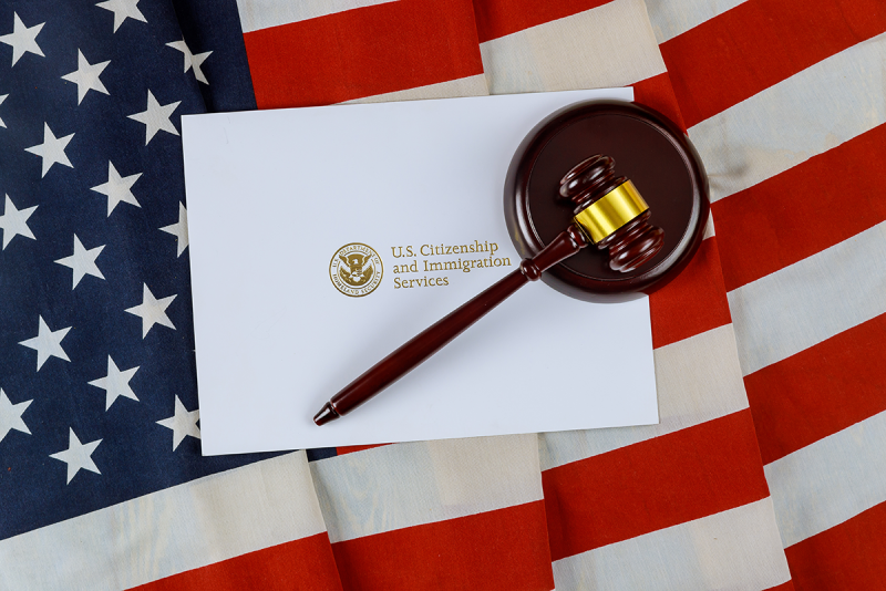 American flag with immigration services sign and gavel