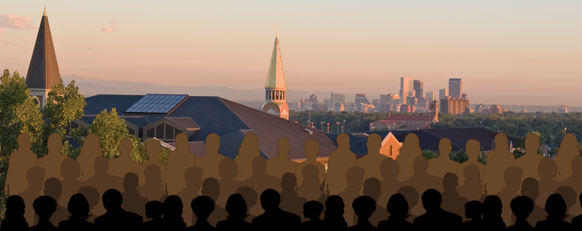 University and Denver skyline with graphic of silhouettes